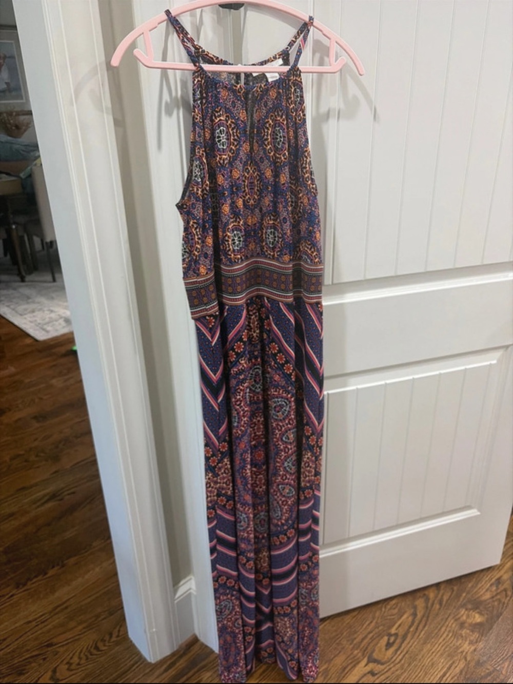 London Times Navy Halter Maxi Dress with Pink and Orange Accents